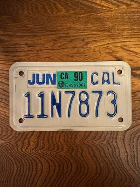 Vintage California Aluminum Motorcycle License Plate - Blue on White